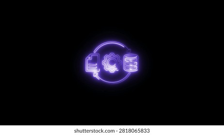 A purple neon circular flow featuring a document gear and database symbols on a dark background Clear details and vibrant colors enhance visual appeal.
