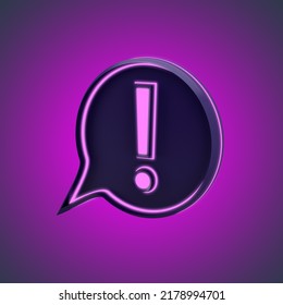 Purple Neon Exclamation Mark In Bubble. 3d Rendering