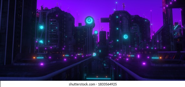 サイバーパンク市の工業地帯での紫のネオンナイト 未来的な都市の風景 明るいネオンの輝く未来の街 グランジ都市の壁紙 3dイラスト のイラスト素材 Shutterstock