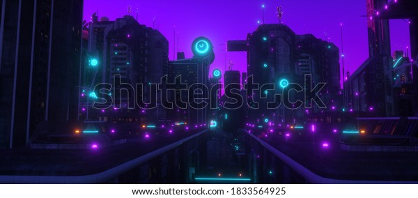 サイバーパンク市の工業地帯での紫のネオンナイト 未来的な都市の風景 明るいネオンの輝く未来の街 グランジ都市の壁紙 3dイラスト のイラスト素材