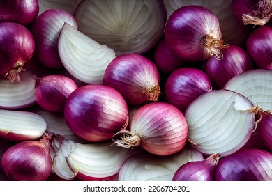 Purple Onion Full Frame On A Wooden Table. Slices Food. Photorealism Illustration. Realistic 3d Image