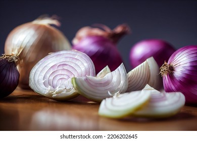 Purple Onion On A Wooden Table. Slices Food. Photorealism Illustration. Realistic 3d Image
