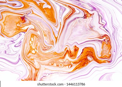 Purple and orange vibrant abstract marbled texture. Luxurious granite, natural stone wave pattern. Colorful paint mix wallpaper. Decorative messy marbelized backdrop, background