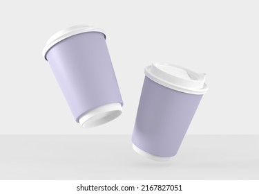 Purple paper coffee cups with closed plastic lids, packaging mockup. Blank disposable mugs for takeaway hot drinks isolated on white background. 3D render set for design containers of coffee shop