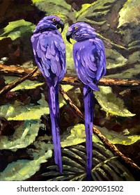 Purple Parrots In Foliage Background