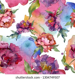 Purple peony floral botanical flower. Wild spring leaf isolated. Watercolor illustration set. Watercolour drawing fashion aquarelle. Seamless background pattern. Fabric wallpaper print texture.