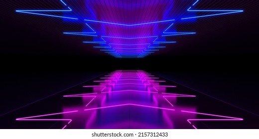 Purple Pink And Blue Lights In Dark Empty Reflective Room Background. Glowing Shaped Neon Arrows.
Cyber Futuristic Dance Club.
3d Rendering Illustration.