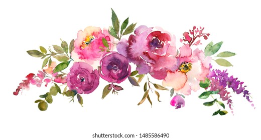 Purple Pink Blush Watercolor Floral Arrangement Isolated on White Background - Powered by Shutterstock