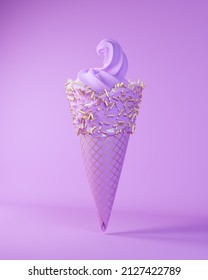 Purple Pink Lavender Ice Cream Gold Leaf Cone Pattern Gold Sprinkles Food 3d Illustration Render	