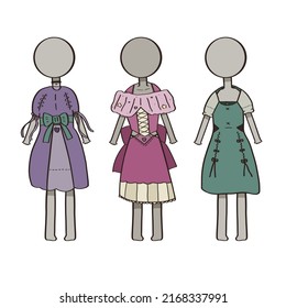 Purple, pink and turquoise dresses on mannequins. illustration isolated on white background.