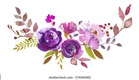 Purple Pink Watercolor Floral Bouquet Drop  Isolated On White Background.