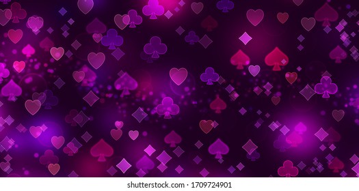 Purple raster bokeh pattern of playing card symbols.