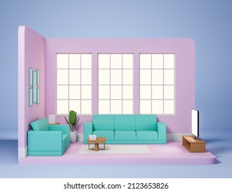 Purple Relaxing Interior With Blue Sofa, Concrete Floor, Panoramic Window. Plant And Shelf With Books. Lounge Zone With Mockup Tv Display On Cabinet, 3D Rendering