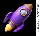 purple rocket ship with a yellow nose and two small fins on the sides.