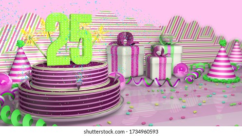 Purple round 25 birthday cake decorated with colored sparks and pink lines on a table with green streamers, party hats, gift boxes and candies on the table, on a pink background. 3D Illustration