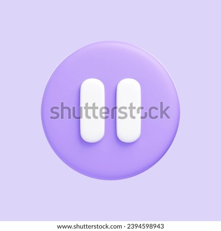 Purple round pause button isolated on purple background. 3D icon, sign and symbol. Cartoon minimal style. Front view. 3D Render Illustration