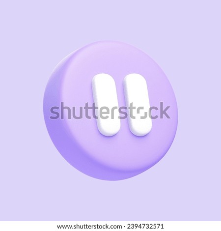 Purple round pause button isolated on purple background. 3D icon, sign and symbol. Cartoon minimal style. 3D Render Illustration