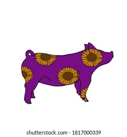 Purple Show Pig Illustration With Yellow Sunflowers