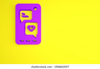 Purple Smartphone With Heart Emoji Speech Bubble Get Message On Screen Icon Isolated On Yellow Background. Valentines Day. Minimalism Concept. 3d Illustration 3D Render.