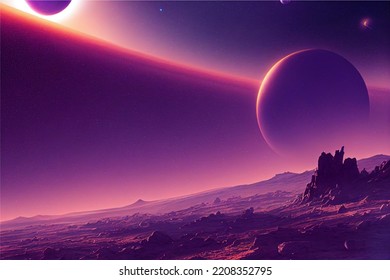 purple space landscape with planets and starry sky, meteors and mountains. Huge planet on the horizon volumetric lighting 3d rendered baackground. - Powered by Shutterstock