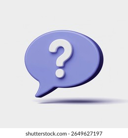 A purple speech bubble with a white question mark inside, floating on a white background, casting a shadow. It represents uncertainty, questions, and the search for answers.