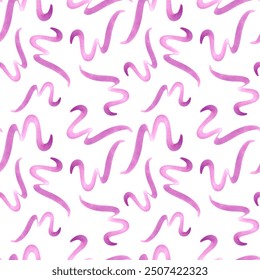 Purple squiggles seamless pattern. Simple geometric shapes. Abstract brush strokes. Curls design. Scribble for party, birthday package. Watercolor illustration of cute flying wavy curves.