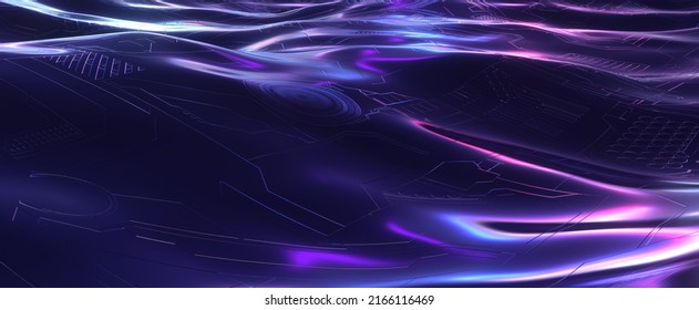 Purple Techno Waves With Flares. Electronic Neon Circuit Lines And Board 3d Render On Ocean Dark Water. Glow Shimmer With Reflections Of Synthwave Electro Effects