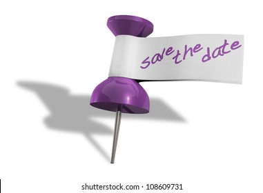 A purple thumbtack with a tape tag and the words save the date written in purple marker