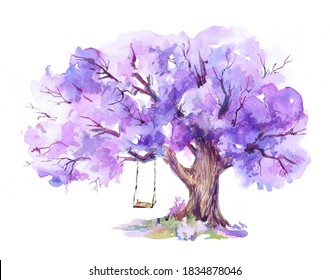 Purple Trees with swing.Watercolor illustration. Hand drawn. Jacaranda blomming