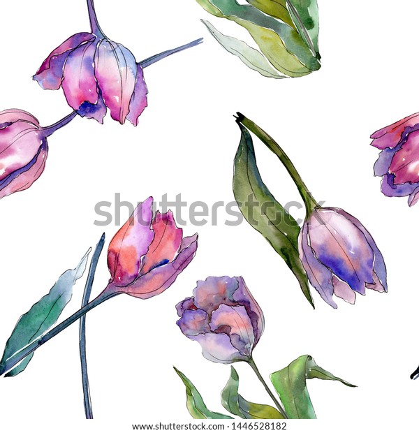 紫色のチューリップ花柄の植物の花 野春の葉の野草 水彩イラストセット 水彩画ファッションアクレル シームレスな背景パターン 布地の壁紙 の印刷テクスチャー のイラスト素材