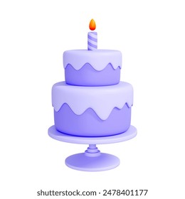 Purple, two-tiered birthday cake with a single lit candle on top, sitting on a cake stand isolated on white background. Creative cartoon design icon. 3D render illustration - Powered by Shutterstock