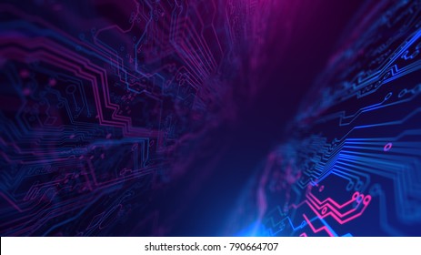 Purple Violet And Blue Microchip Backdrop. Abstract Background. Digital Technology. PCB. Microchip Link. 3d Illustration.