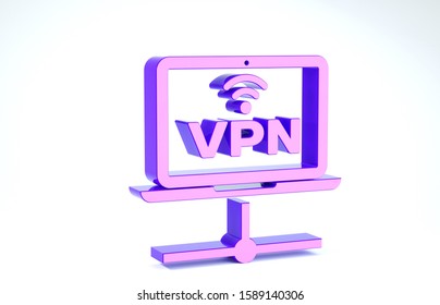 Purple VPN Computer network icon isolated on white background. Laptop network. Internet connection. 3d illustration 3D render