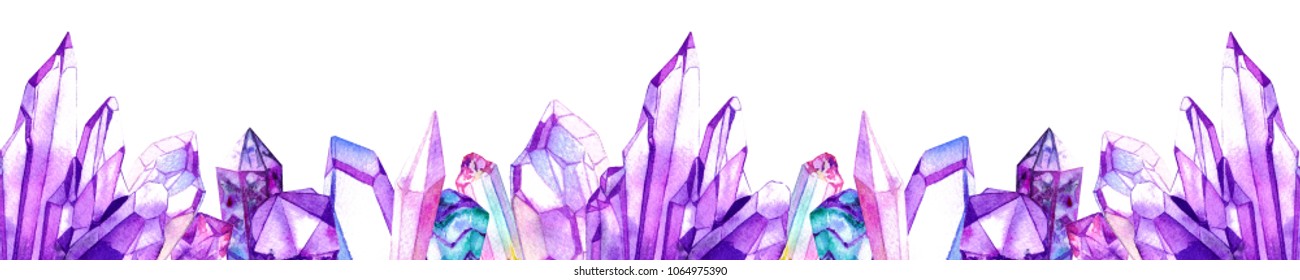 Purple Watercolor Crystal Gems Frame. Hand Drawn Illustration Isolated On White Background.