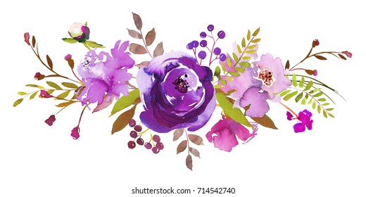 Purple Watercolor Floral Bouquet Landscape Isolated On White Background.