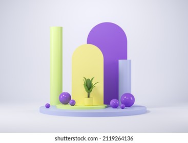 Purple and yellow arch and podium with column, plant in pot and decorative balls. Colorful mockup for product presentation, advertising goods. Mock up copy space, 3D rendering