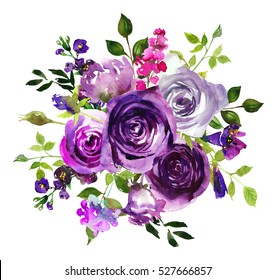 Purple Yellow Watercolor Floral Arrangement Semi Wreath Flowers Leaves Isolated On White Background.