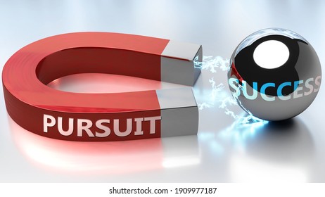 Pursuit Helps Achieving Success - Pictured As Word Pursuit And A Magnet, To Symbolize That Pursuit Attracts Success In Life And Business, 3d Illustration