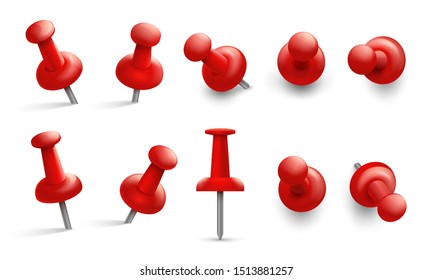 Push Pin In Different Angles. Red Thumbtack For Attachment. Pushpins With Metal Needle And Red Head Isolated Set