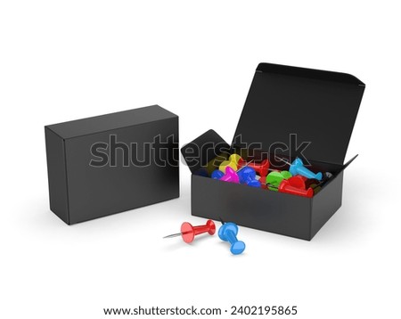 Push pin packaging box blank template, 3d illustration.