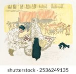 The Pushcart, (1897) print in high resolution by Pierre Bonnard. Vintage Paris woman with pushcart market art drawing illustration, old painting art print. Woman in market illustration.