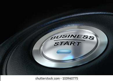 pushed business start button over black background, blue light, symbol of new businesses