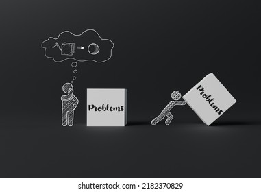 Pushing a ball and a square with the word Problem. The concept of solving problems, searching for new innovative methods. 3d rendering, 3d illustration.