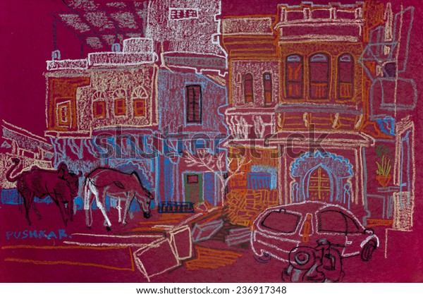 Pushkar, Rajasthan, India. Colorful\
artistic travel sketch on paper. Beautiful old buildings, cows and\
a car in a backyard of old town. Holy Hindu\
place