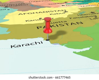 Pushpin On Karachi Map Background. 3d Illustration.