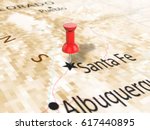 Pushpin on Santa Fe map background. 3d illustration.