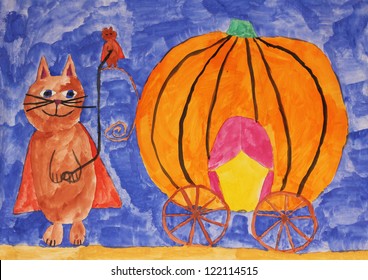 Puss in Boots and pumpkin carriage  fairy tale  child painting in watercolors