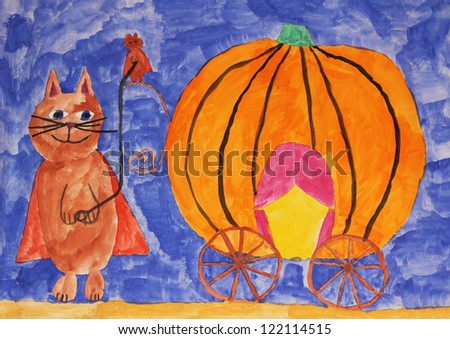 Puss in Boots with pumpkin carriage, fairy tale, child painting in watercolors