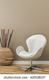 Put your creation on this empty area. Parquet on the floor, white chair in empty room. 3D illustration.
