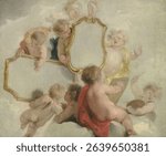 Putti with Mirrors (1725 - 1744) by Jacob de Wit. Vintage oil painting. Beautiful old artwork, oil painting. Vintage illustration.